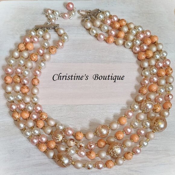 4 Row vintage beaded necklace with pinks,peach and orange hues - Picture 1 of 2